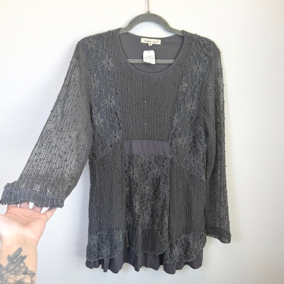 indigo soul Tops - Indigo Soul Gray Lace Tunic Blouse Womens Medium Sheer Sleeve Boho Peasant